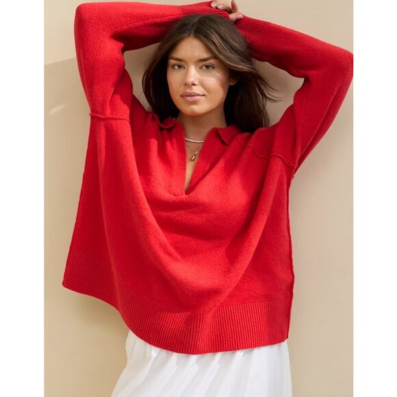 aerie Sweaters - Aerie UnReal V-Neck Collared Sweater Red Large Holiday Cozy Christmas Winter